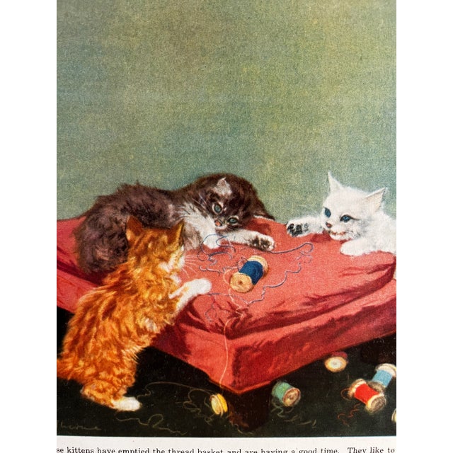 1940s book illustration by Diana Thorne of three kittens playing with thread. Ready for matting and framing.