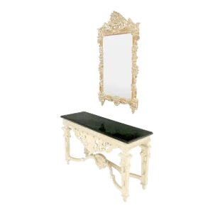 Maitland Smith Carved White Wash Finish Wall Mirror Matching Console Table - Set of 2