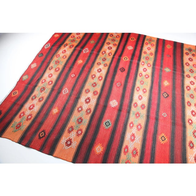 1960s Handmade Trbal Strpe Design With Red and Orange Tones Kilim-5' 11'' X 10' 1'' For Sale In Tampa - Image 6 of 12