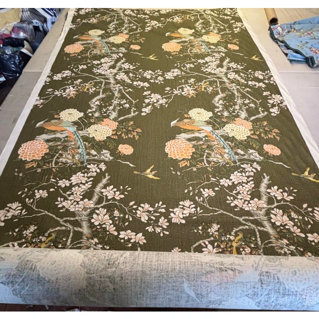 22 yards of gorgeous linen fabric in olive background and blue, orange, grey and white accents. Colorful pheasants and...