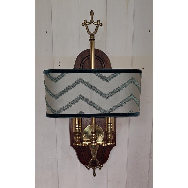 Vintage Wall Lamp with Mahogany Back Panel, Brass Frame and Fabric Shade, 1980s, in Very Good conditions. Designed 1980 to...