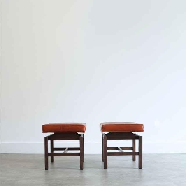 Mid-Century Modern Set of 2 Stools by Jens Risom in Cognac Leather, Circa 1950s For Sale - Image 3 of 6