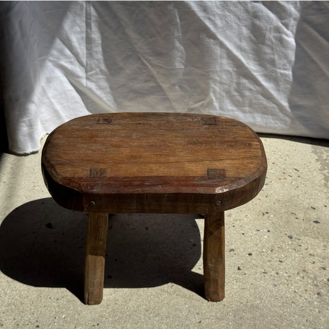 Wood Small Wabi-Sabi Oval Teak Occasional Stool For Sale - Image 7 of 18