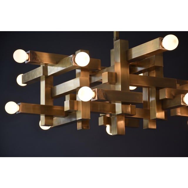 Mid-Century Modern 1970s Brutalist Gaetano Sciolari Brushed Brass Cubist Brutalist Chandelier For Sale - Image 3 of 8