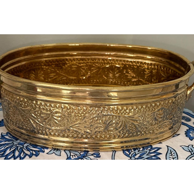 Solid Brass Embossed Oval Bowl or Planter With Handles For Sale In New York - Image 6 of 7
