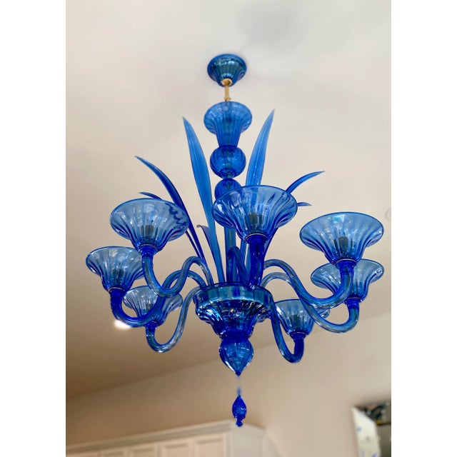 1980s Blue Murano Style Glass Chandelier With 8 Leaves and 8 Lighted Arms, Hand Blown in Murano Italy For Sale In New York - Image 6 of 11