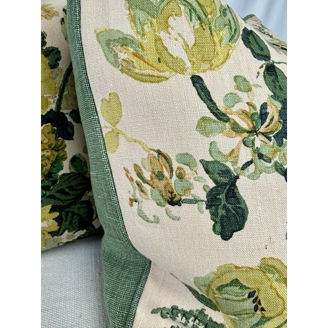 Transitional Clarence House "Dahlia Hand Block" in Green 22" Pillows-a Pair For Sale - Image 3 of 3