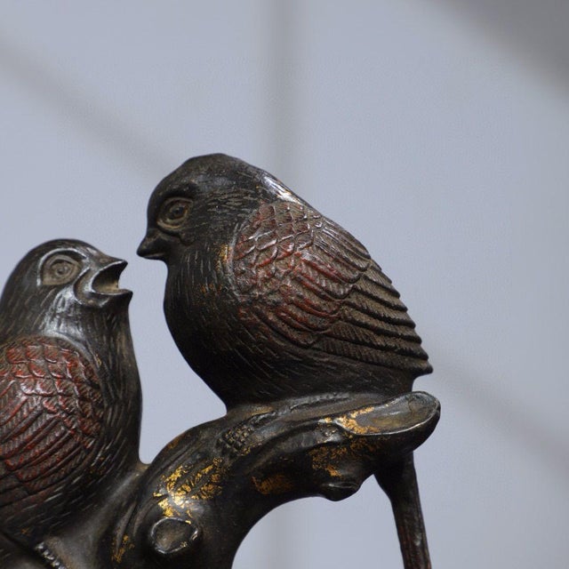 Bronze Gilt Metal Double-Bird Figurine — Aged Patina, Engraved Auspicious Base For Sale - Image 8 of 9