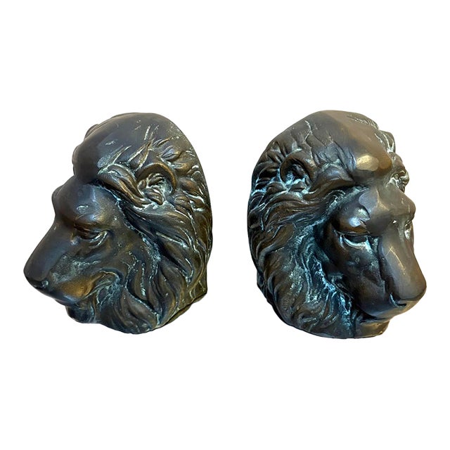 San Pacific Heavy Brass Lion Head Bookends For Sale