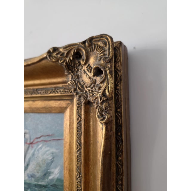 Baroque Vintage Ornate Gold Picture Frame With Original Swan Oil Painting, Baroque Wall Art, Gilded Hollywood Regency Decor For Sale - Image 3 of 9