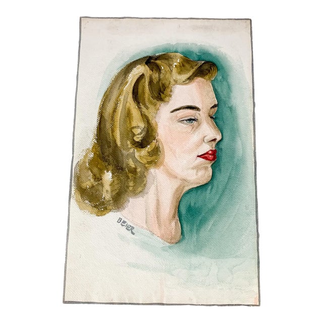 Vintage Original Watercolor Modernist Female Portrait Painting Signed Beier For Sale