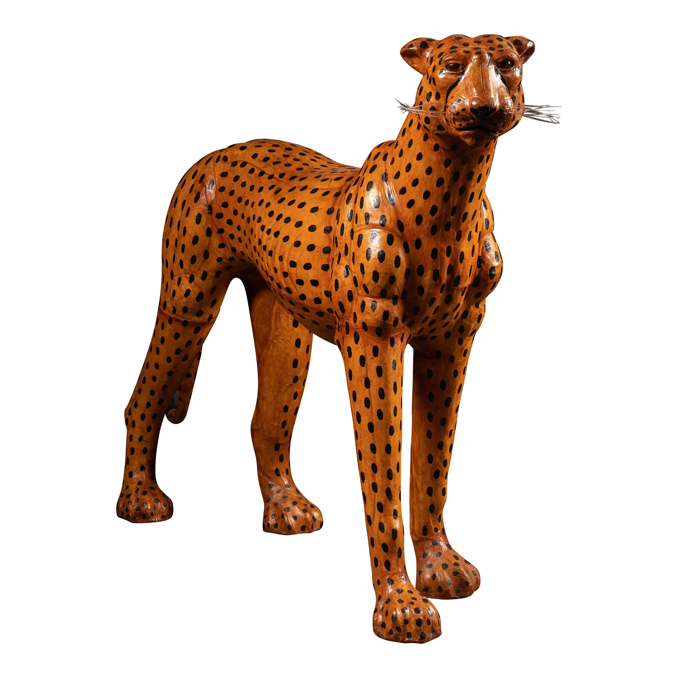 Mid 20th Century Leather Cheetah Sculpture with Glass Eyes