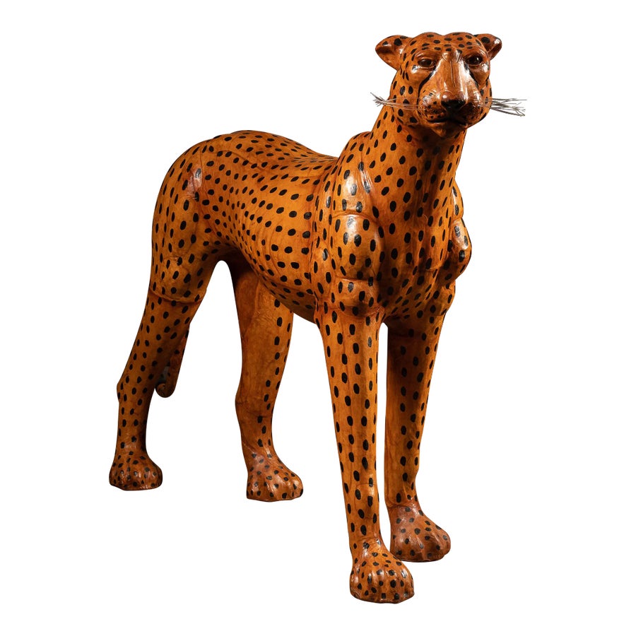 Mid 20th Century Leather Cheetah Sculpture with Glass Eyes