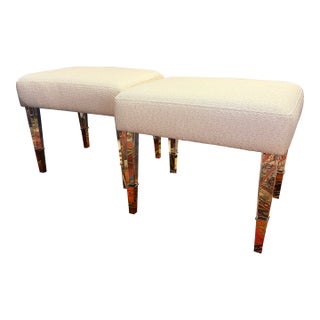 Custom Made Acrylic and Woven Cream Upholstered Ottomans a Pair For Sale
