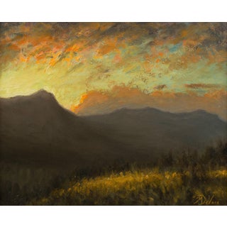 Setting Behind the Ridge by Michael DeVore | Oil on panel Landscape with mountains at sunset For Sale