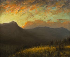 Setting Behind the Ridge by Michael DeVore | Oil on panel Landscape with mountains at sunset