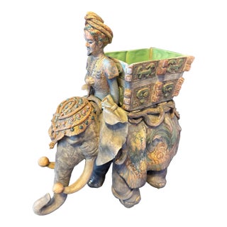 Vintage Ceramic Elephant Cachepot Planter With Mahout Rider For Sale