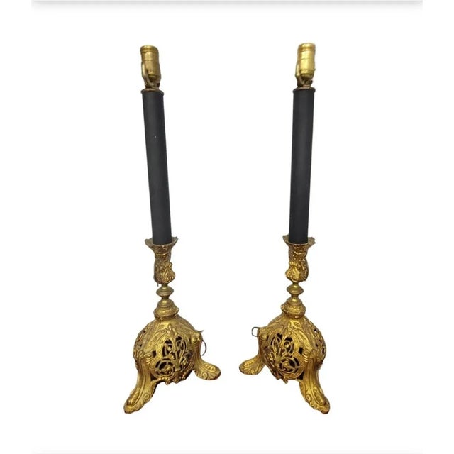 Pair of Renaissance Style Ebonized Metal and Cast Ormolu Table Lamps For Sale - Image 10 of 11