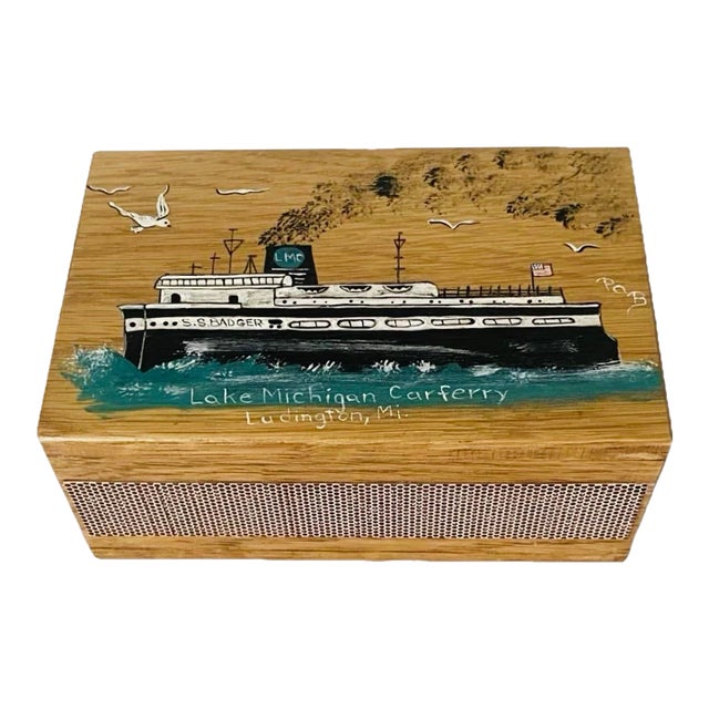 VTG Patsy Bloodgood Hand Painted Wooden Matchbox Ss Badger Carferry MI Art For Sale