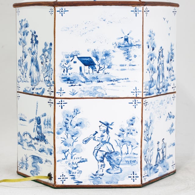 A Pair of Vintage Hand-Painted Blue and White Imitation Dutch Tile Landscape Tea Can Table Lamps For Sale - Image 13 of 14