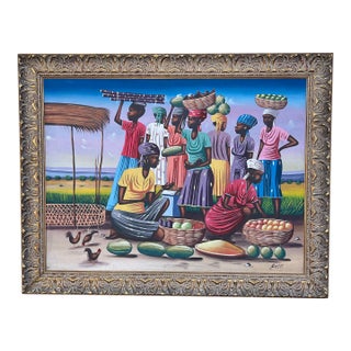 Vintage Haitian Painting of Women and Chickens For Sale