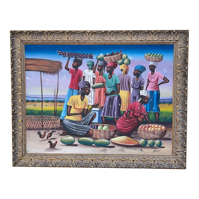 Vintage Haitian Painting of Women and Chickens For Sale