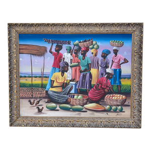 Vintage Haitian Painting of Women and Chickens