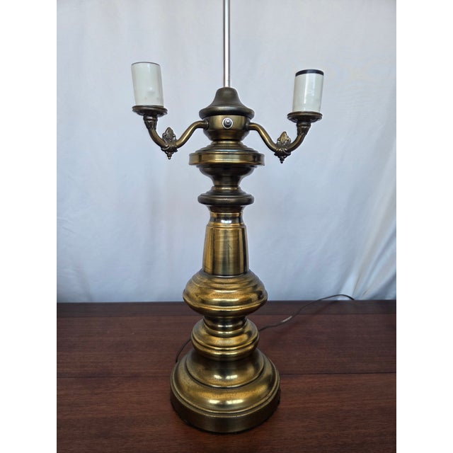 1940s Hollywood Regency Neoclassical Brass 3-Light Table Lamp W/ Fabric Fringe Shade For Sale - Image 4 of 12