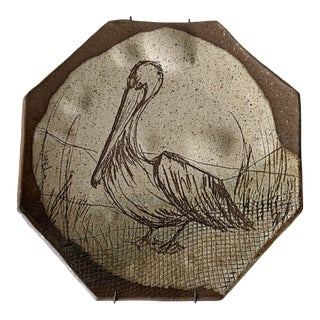 80's Vintage Janel Hand Painted Pelican Artist Pottery Wall Art For Sale
