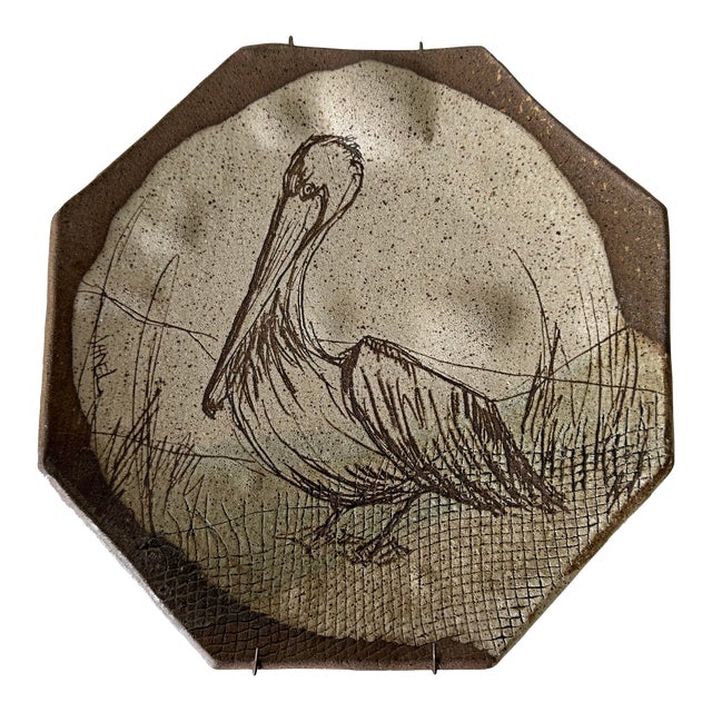 80's Vintage Janel Hand Painted Pelican Artist Pottery Wall Art For Sale