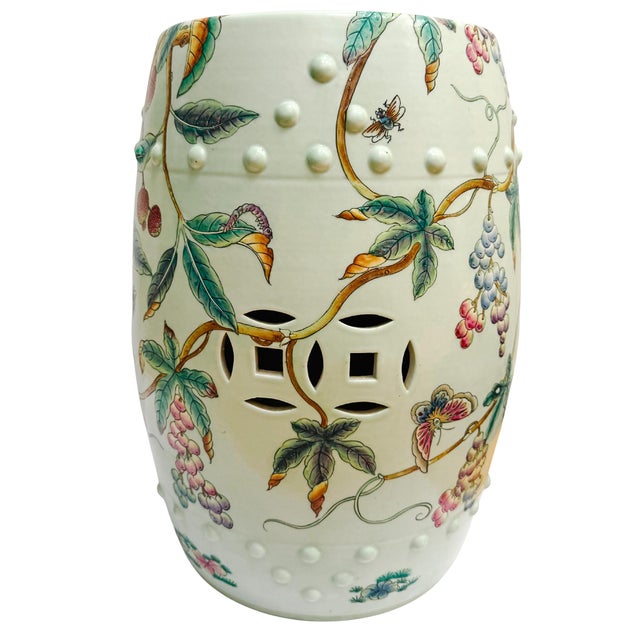 Chinoiserie Vintage Hand-Painted Famille Rose Lychee & Grape Porcelain Garden Stool For Sale - Image 3 of 8