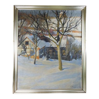 Antique 1902 Continental School Winter Snow Scene Painting For Sale