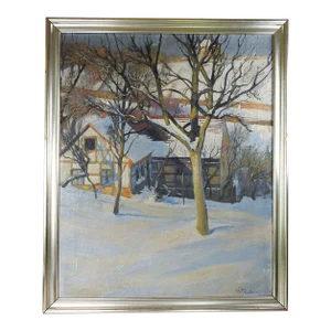 Antique 1902 Continental School Winter Snow Scene Painting