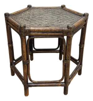 Vintage Hexagonal Rattan and Woven Wicker Side Table