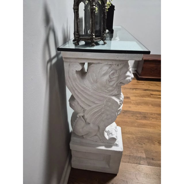 Vintage Neoclassical Egyptian Revival Sandstone Sphinx Pedestal Console Table For Sale - Image 6 of 9
