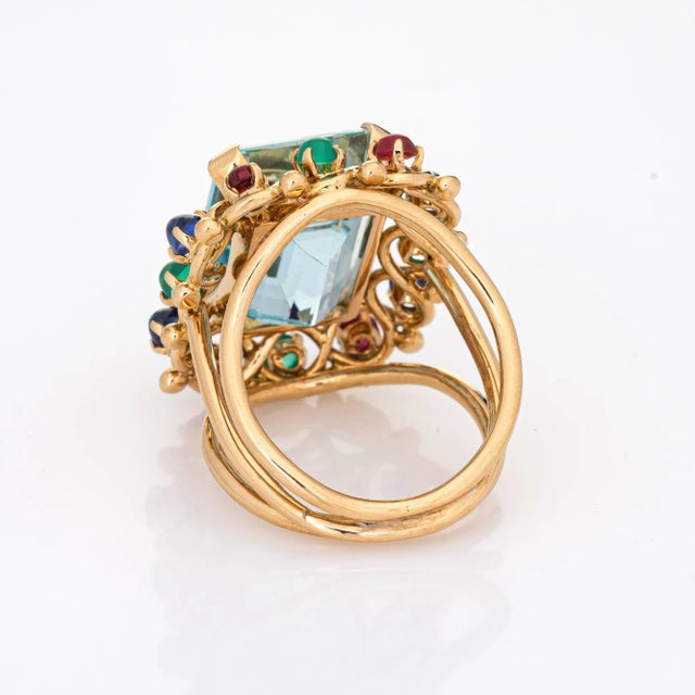 Mid 20th Century 16.50ct Aquamarine Gemstone Ring Vintage 14k Yellow Gold Cocktail Jewelry size 7.5 For Sale - Image 5 of 6