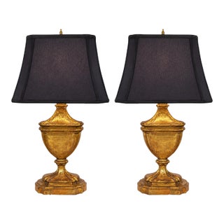 Antiqued Gold Leaf Urn Form Table Lamps With Black Shades - a Pair For Sale