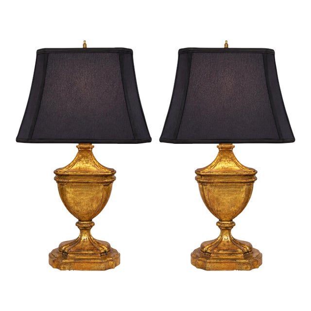 Antiqued Gold Leaf Urn Form Table Lamps With Black Shades - a Pair For Sale