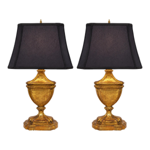 Antiqued Gold Leaf Urn Form Table Lamps With Black Shades - a Pair