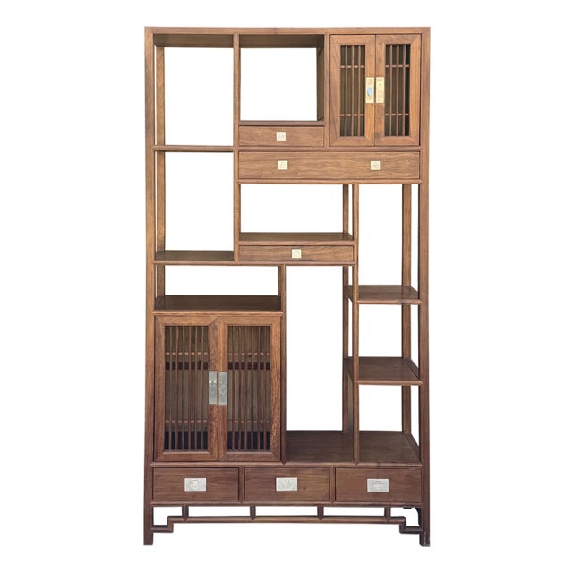 Asian Inspired Asymmetrical Light Brown Shelving Display Cabinet Divider For Sale