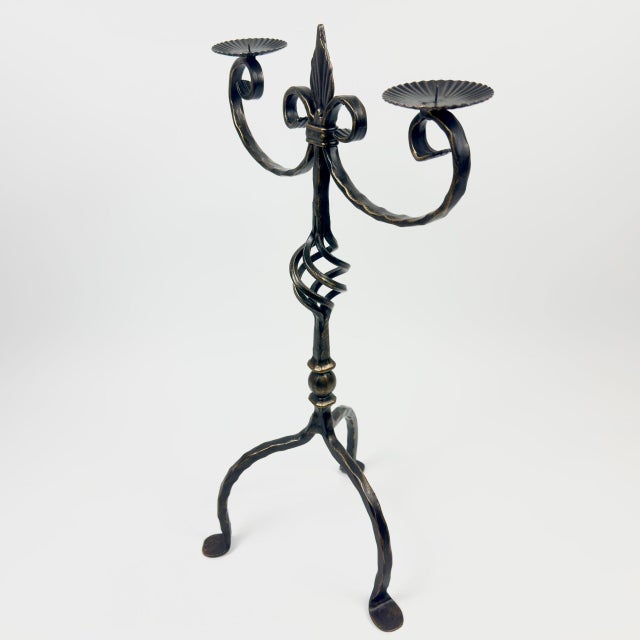 Metal Hand Forged Iron Candelabra 24.5″ (62cm) Antique Gold Patina Finish 2-Arm Royal Scrolled Mantel Decor For Sale - Image 7 of 7
