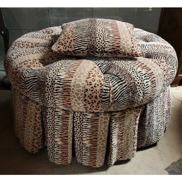 Custom Animal Print Tufted Skirted Ottoman Cocktail Table With Matching Pillow For Sale - Image 4 of 8