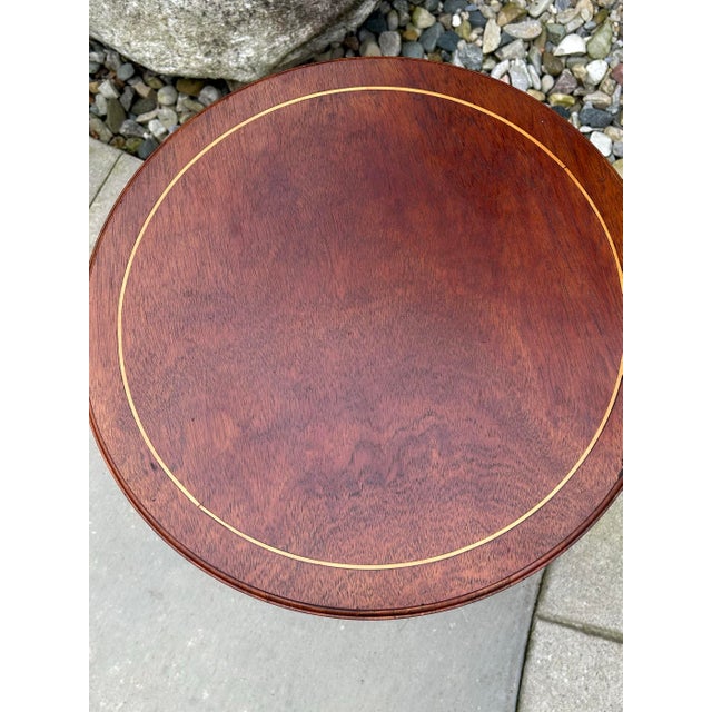 Chestnut Vintage, Mahogany, Round End/Side Table, With Shelf, and Inlaid Wood Design, Federal Style, 1950’s For Sale - Image 8 of 11