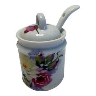 Mid 20th Century Floral Porcelain Jam Pot With Matching Spoon For Sale