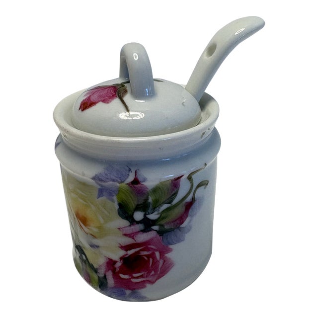Mid 20th Century Floral Porcelain Jam Pot With Matching Spoon For Sale