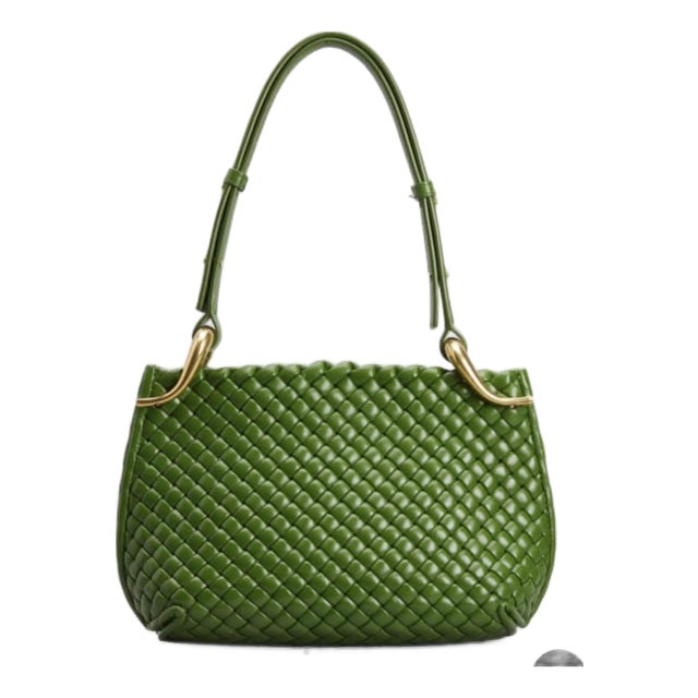 2024 Bottega Veneta Pipe Shoulder Hobo Bag Medium Avacado Green Gold Lambskin Leather Intrecciato For Sale
