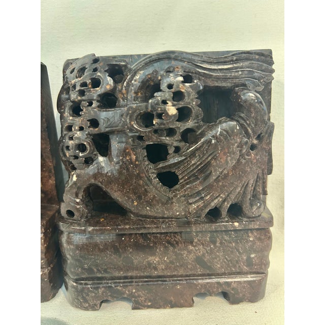 Vintage Chinoiserie Carved Soapstone Phoenix Bookends – Mirrored Pair For Sale - Image 4 of 12