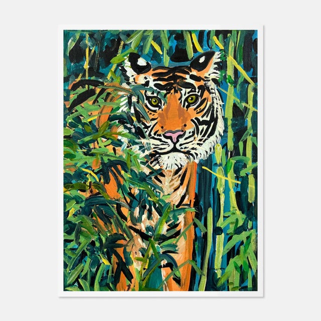 Contemporary Tiger in Bamboo by Jelly Chen in White Framed Paper, Large Art Print For Sale - Image 3 of 3