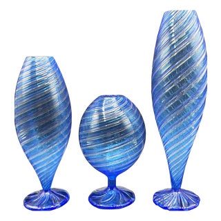 Blue Murano Glass Vases attributed to Novecento Venziano, 1970s, Set of 3 For Sale