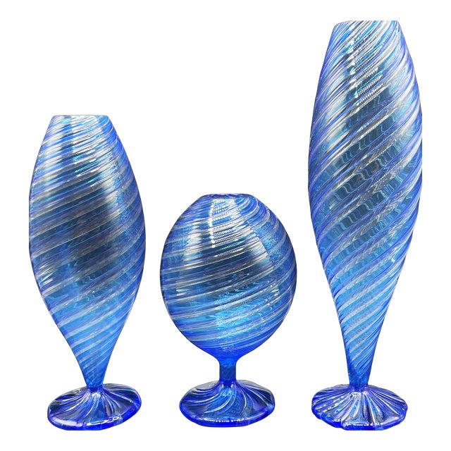 Blue Murano Glass Vases attributed to Novecento Venziano, 1970s, Set of 3 For Sale